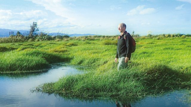 A man stands in a vast marsh, with water in the foreground and long green grass.